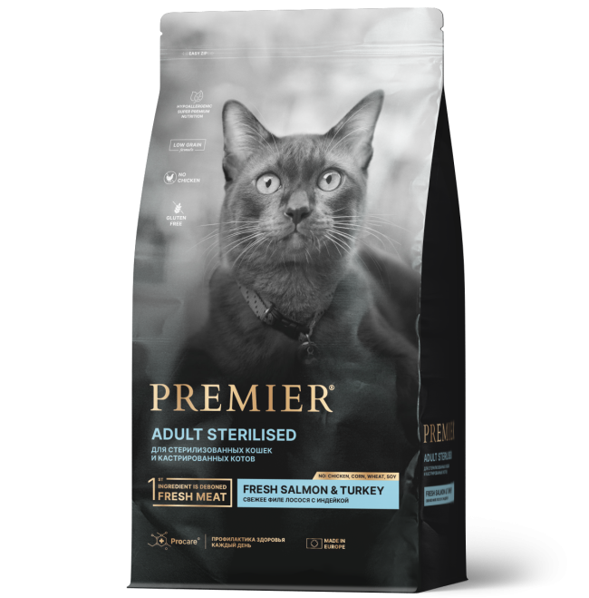 Premier Sterilised Корм для стерилизованных кошек с лососем и индейкой Premier Sterilised Корм для стерилизованных кошек с лососем и индейкой