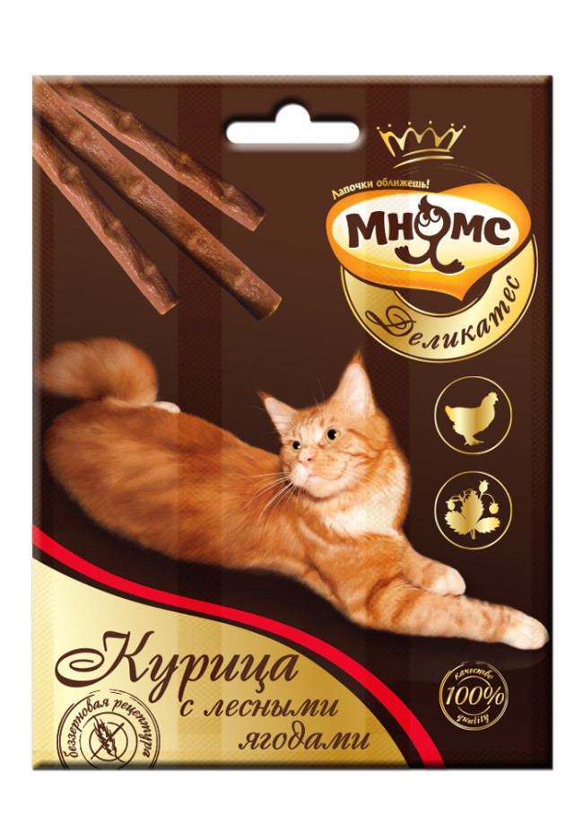 Мнямс Деликатес лакомые палочки для кошек с курицей и лесными ягодами 9см Мнямс Деликатес лакомые палочки для кошек с курицей и лесными ягодами 9см