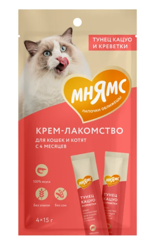Мнямс Крем-лакомство для кошек с тунцом Кацуо и креветками 1шт-15гр Мнямс Крем-лакомство для кошек с тунцом Кацуо и креветками 1шт-15гр
