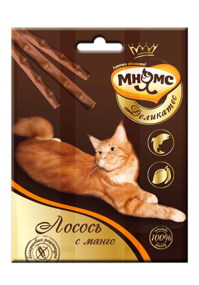 Мнямс Деликатес лакомые палочки для кошек с лососем и манго 9см Мнямс Деликатес лакомые палочки для кошек с лососем и манго 9см