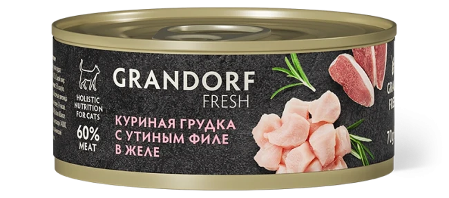 Grandorf Fresh Консервы для кошек куриная грудка с утиным филе в желе, 70 гр Grandorf Fresh Консервы для кошек куриная грудка с утиным филе в желе, 70 гр