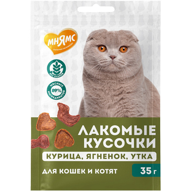 Мнямс Лакомые кусочки для кошек с курицей, ягненком и уткой 35гр
