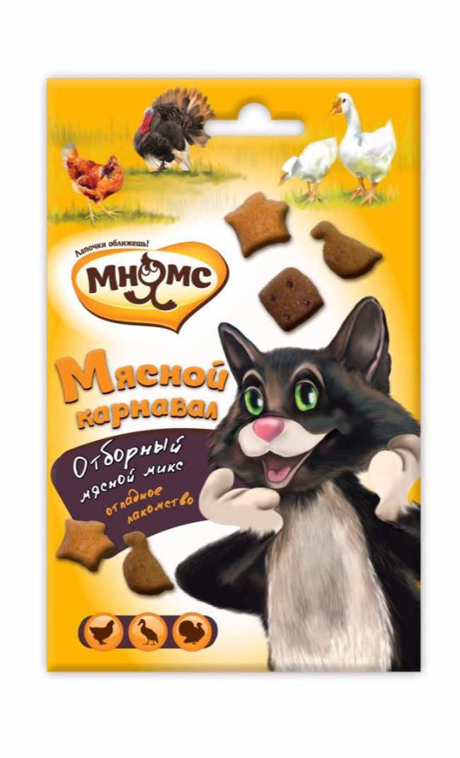 Мнямс Мясной карнавал для кошек с уткой, индейкой и курицей 50гр Мнямс Мясной карнавал для кошек с уткой, индейкой и курицей 50гр