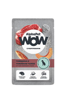 Alphapet WOW Нежные ломтики в соусе для собак с чувствительным пищеварением с говядиной и томленной тыквой, 80 гр