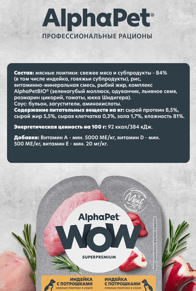 Alphapet WOW Нежные ломтики в соусе для щенков, беременных и кормящих собак с индейкой и потрошками, 85 гр