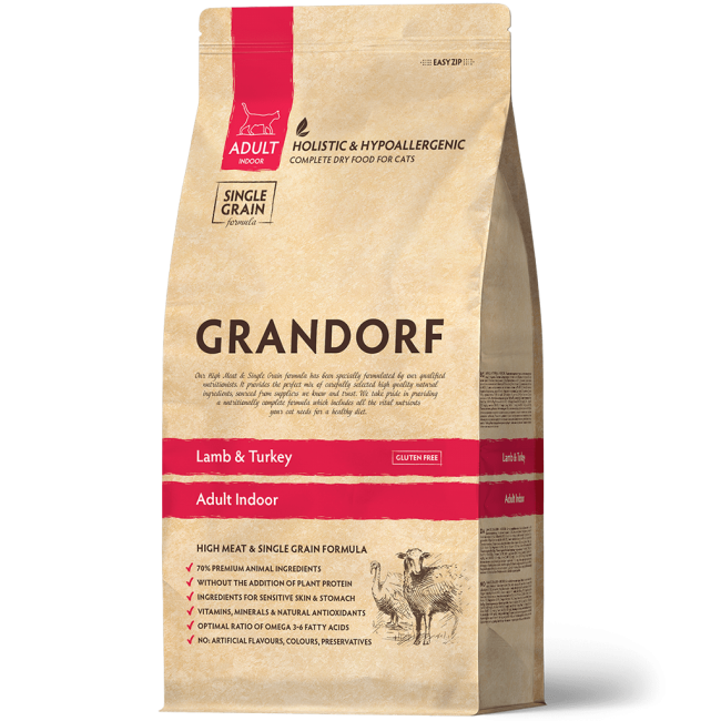 Grandorf Indoor Корм для взрослых кошек от 1 года с нормальной активностью с ягненком и индейкой Grandorf Indoor Корм для взрослых кошек от 1 года с нормальной активностью с ягненком и индейкой