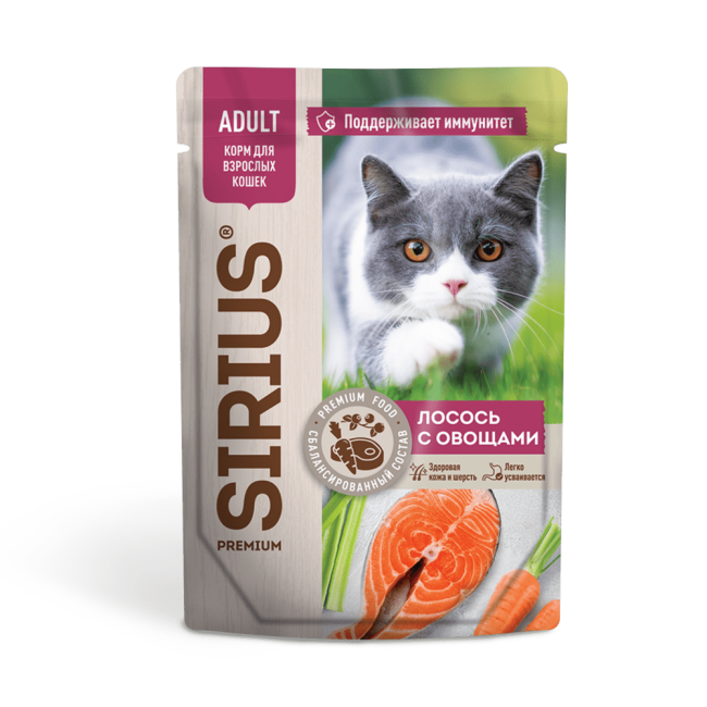Sirius Кусочки в соусе для взрослых кошек с лососем и овощами, 85 гр Sirius Кусочки в соусе для взрослых кошек с лососем и овощами, 85 гр