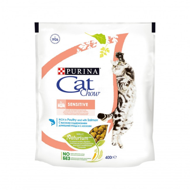 Purina Cat Chow Sensitive для взрослых кошек с чувствительным пищеварением, птица и лосось