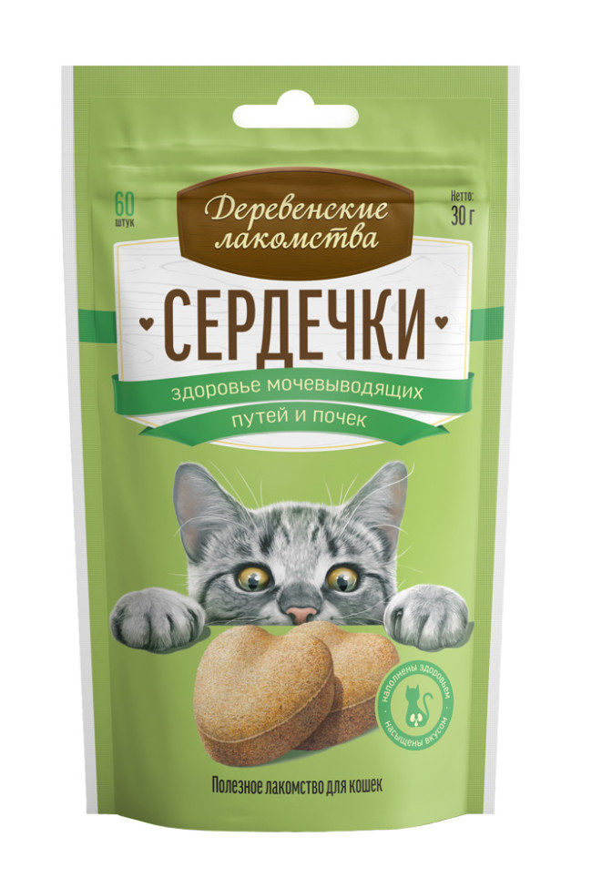 Деревенские лакомства Сердечки для кошек здоровье мочевыводящих путей и почек, 30гр