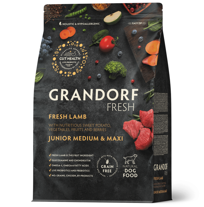 Grandorf Fresh Junior Корм для юниоров в возрасте от 4 месяцев, беременных и кормящих сук с ягненком и бататом