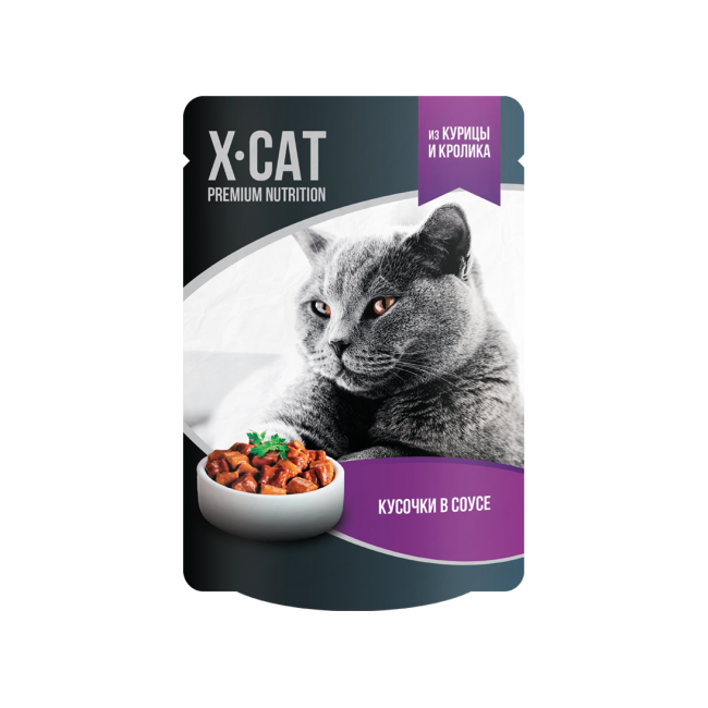 X-CAT для взрослых кошек с курицей и кроликом в соусе, 85 гр X-CAT для взрослых кошек с курицей и кроликом в соусе, 85 гр
