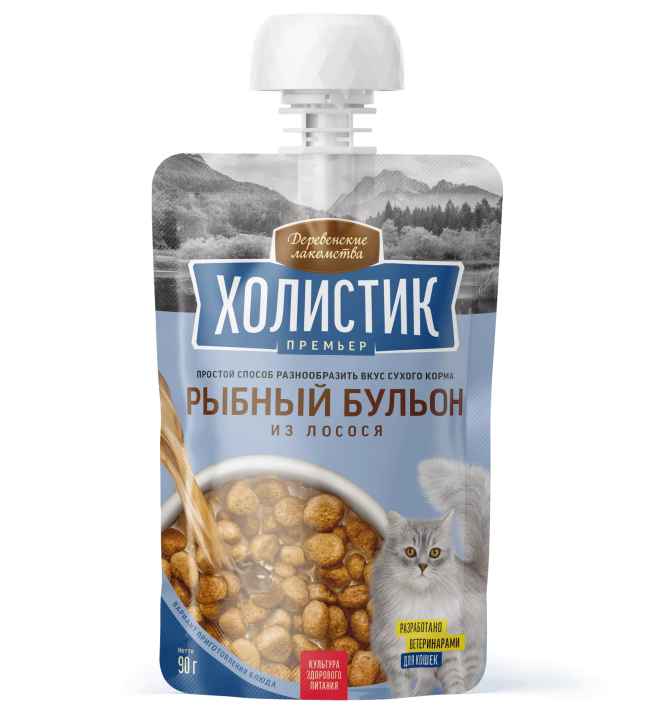 Деревенские лакомства Холистик бульон для кошек из лосося, 90 гр Деревенские лакомства Холистик бульон для кошек из лосося, 90 гр