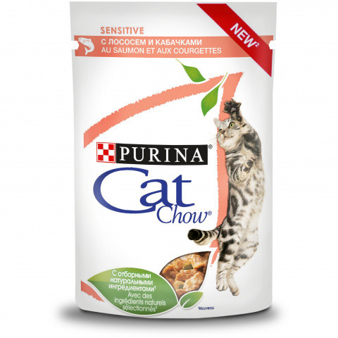 Purina Cat Chow Sensitive для кошек с чувствительным пищеварением лосось и кабачок в соусе 85гр