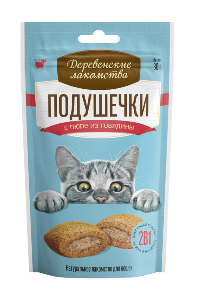 Деревенские лакомства Подушечки с пюре из говядины для кошек, 30гр Деревенские лакомства Подушечки с пюре из говядины для кошек, 30гр