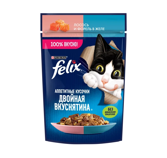 Felix Аппетитные кусочки Двойная вкуснятина, лосось и форель в желе, 75 гр