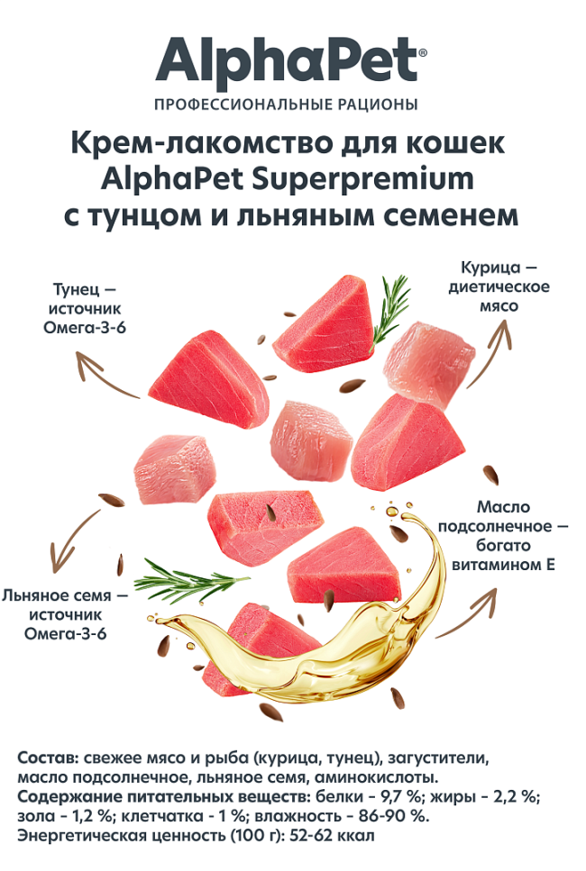 Alphapet Крем-лакомство для кошек с тунцом и семенами льна, 48 гр Alphapet Крем-лакомство для кошек с тунцом и семенами льна, 48 гр