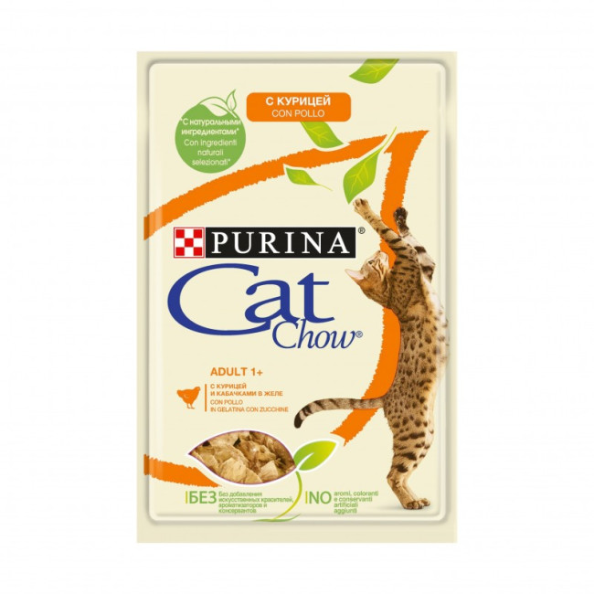 Purina Cat Chow Adult кусочки в желе с курицей и кабачком 85гр Purina Cat Chow Adult кусочки в желе с курицей и кабачком 85гр