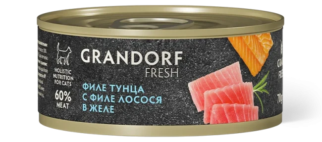 Grandorf Fresh Консервы для кошек филе тунца с лососем в желе, 70 гр Grandorf Fresh Консервы для кошек филе тунца с лососем в желе, 70 гр