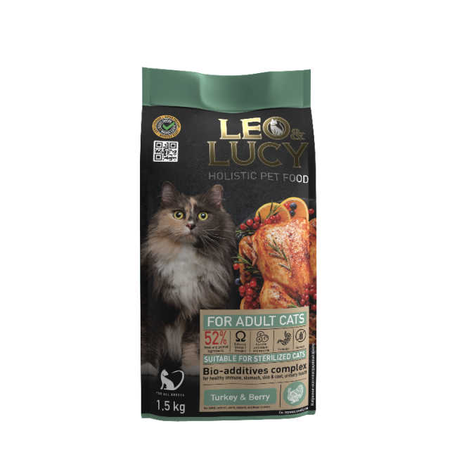 Leo&Lucy для взрослых кошек с индейкой, ягодами и биодобавками, весовой 100 гр Leo&Lucy для взрослых кошек с индейкой, ягодами и биодобавками, весовой 100 гр