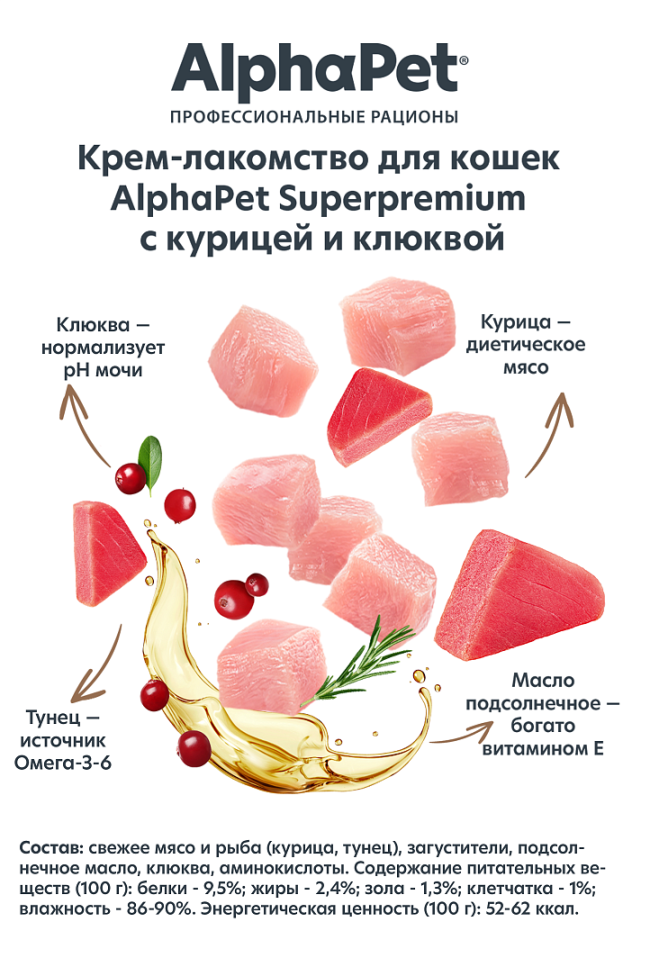 Alphapet Крем-лакомство для кошек с курицей и клюквой, 48 гр Alphapet Крем-лакомство для кошек с курицей и клюквой, 48 гр
