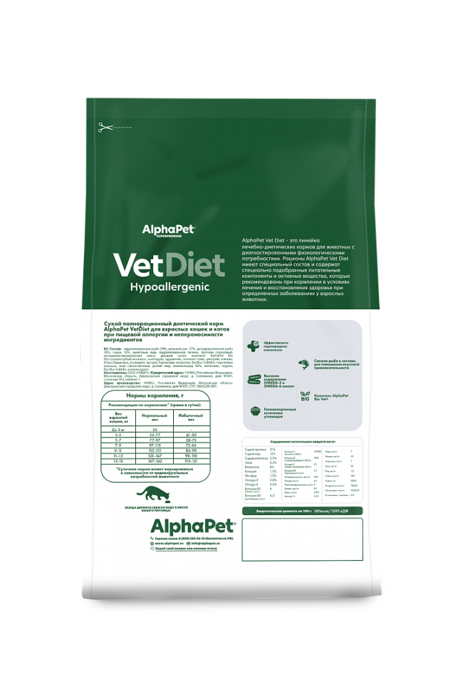 Alphapet VetDiet Hypoallergenic для кошек при пищевой аллергии и непереносимости Alphapet VetDiet Hypoallergenic для кошек при пищевой аллергии и непереносимости