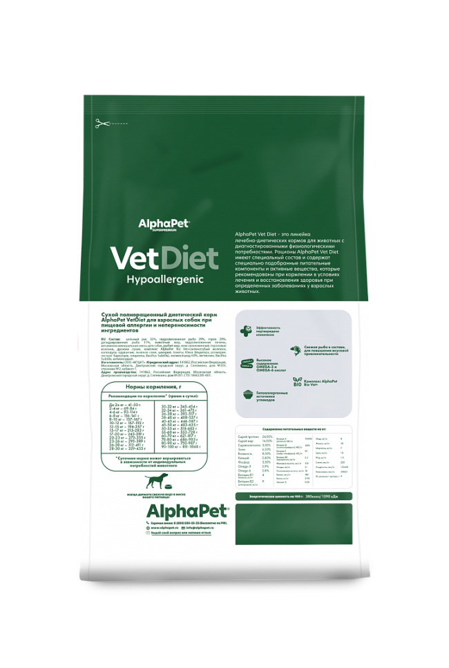 Alphapet VetDiet Hypoallergenic для собак при пищевой аллергии и непереносимости Alphapet VetDiet Hypoallergenic для собак при пищевой аллергии и непереносимости